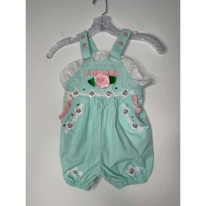 Vintage Marsha Girls Mint Green‎ Pink Rose Eyelet Lace Embroidered Overalls 3T